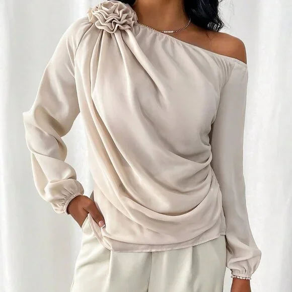 Apricot Elegant Women's Irregular Shoulder Shirt With 3d Flower Decoration - Picture 4 of 6